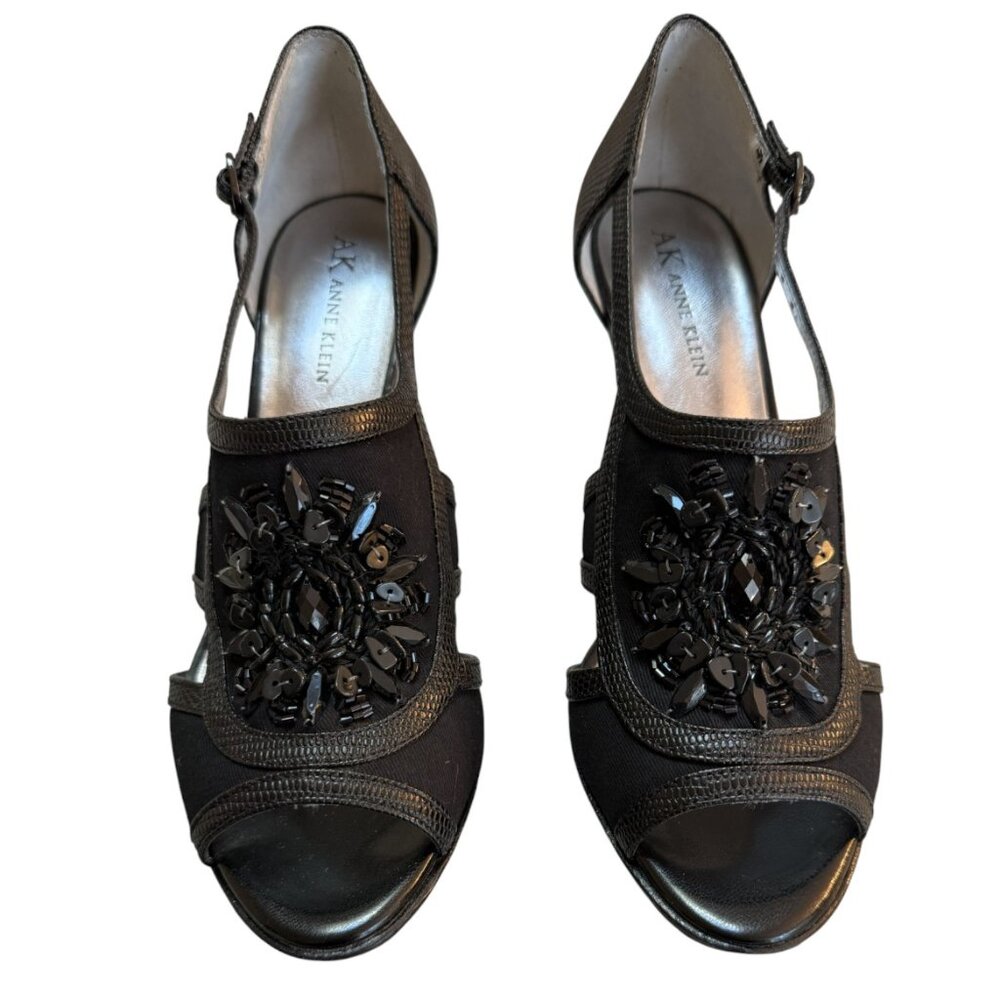 AK Anne Klein Black Fabric Heels Open Toe Stiletto Evening Shoes Women’s 6M